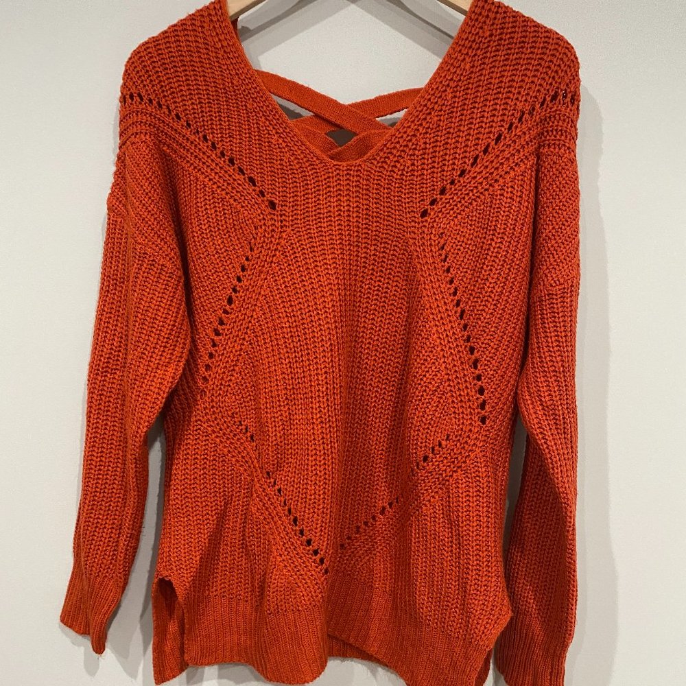Oversized Orange Pull Over V Neck Acrylic Sweater - Size: S